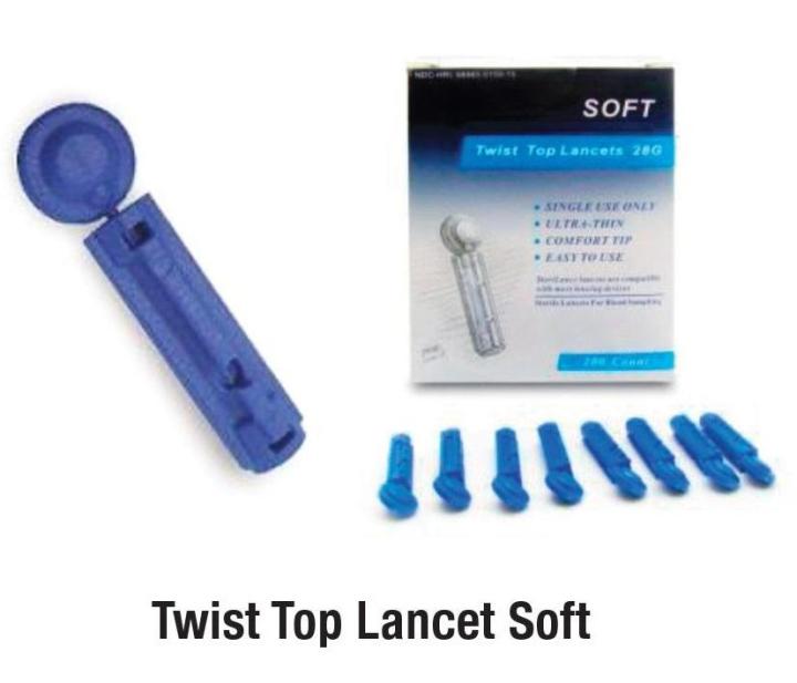 เข็มเจาะเลือด-สำหรับตรวจน้ำตาลปลายนิ้ว-sterilance-twist-top-lancet-soft-28g