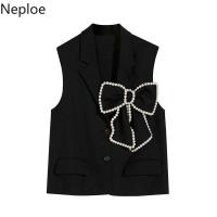 Neploe Women Vest Beading Bow Black Waistcoat Single Breasted Tank Jackets Korean Fashion Sleeveless Loose Streetwear Tops Femme