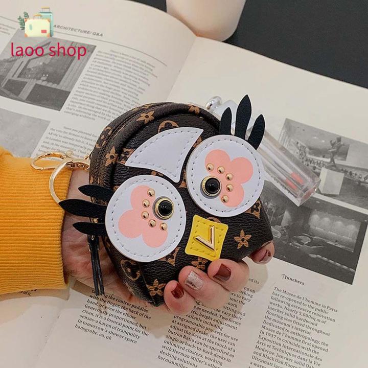 Cute cartoon leather printed owl keychain ladies coin purse lipstick