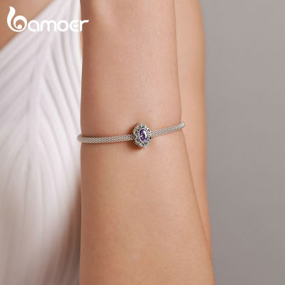 bamoer Vintage 925 Sterling Silver Purple Crystal Bead Pattern Heart Charm for Original Bracelet Bangle for Women Fine Jewelry