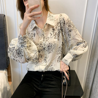 Real Shot 2023 Spring And Autumn New French Printed Fashionable Loose Slimming Lap Long Sleeve Top Chiffon Shirt For Women