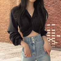 Twist Knotted Shirt Top Tie Back Puff Long Sleeve Short Twist Front Top Blouse for Women ฤดูใบไม้ผลิ