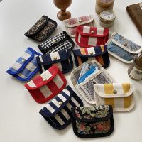 hot！【DT】◇✧  Striped Canvas Card Holder Hasp Coin Purse ID Credit Cover Multifunctional Headphone Storage