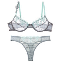 Sexy Lace Embroidered Ultra-thin Transparent Ladies Bra and Panty Set Large Size Underwear C D E Cup