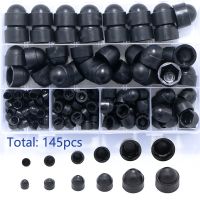 145pcs M4-M12 Black White Hex Caps Cover Plastic PE No Thread Protection Acron Nut Dome Hexagon Screw Bolts Nut Assortment Kits