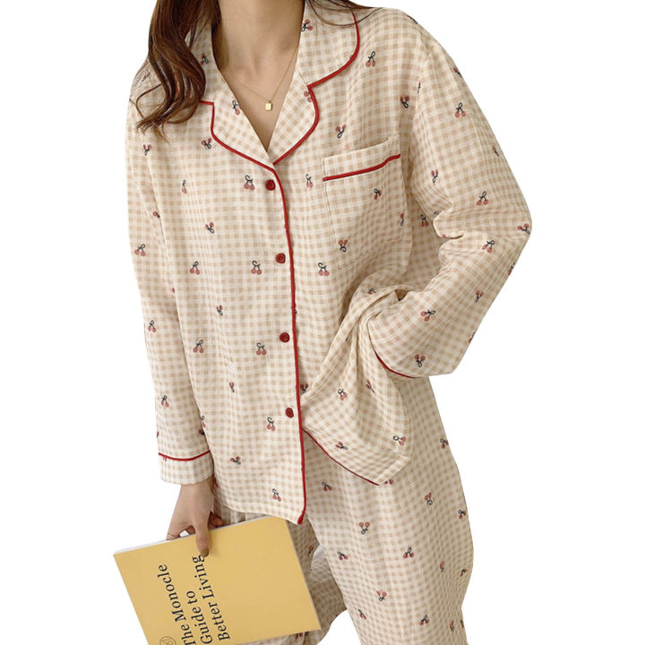ชุดนอนแขนยาวชุดนอนเข้าชุดสำหรับผู้หญิงตกแต่งอย่างดีมีกระเป๋าด้านหน้าสำหรับนอนพักผ่อนที่บ้าน