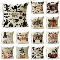 【LZ】∋♤  Moda Halloween Cartoon Dwarf Cat Abóbora Padrão Linho Lance Fronha Decorativa Capa De Almofada Para Sofá Sala De Festa