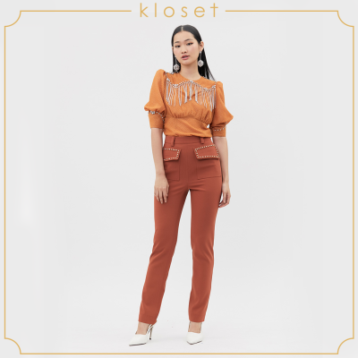 Kloset High Waisted With Pockets Detail (AW20-P004) เสื้อผ้าแฟชั่น เสื้อผ้าผู้หญิง กางเกงแฟชั่น กางเกงขายาว กางเกงผ้าพื้น  แต่งดีเทลปักปากกระเป๋า