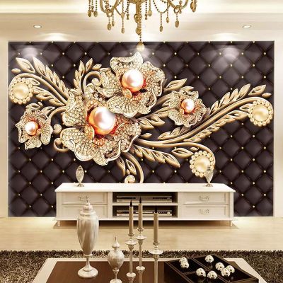 ♙ Custom Large Mural Wallpaper 3D Black Jewel Diamond Pearl Flower European Style Living Room Bedroom TV Background Wall Painting