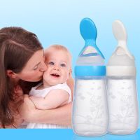 Baby Squeezing Feeding Bottles Squeeze Silicone Rice Cereal Feeding Cup Bottle Feeder Spoon Head Design Clear Scale Milk Cup Bowl Fork Spoon Sets