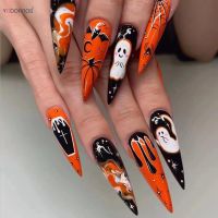 Halloween Nails Press on Long Stiletto Fake Nails Ghost Spider Web Bat Printed Black False Nails Orange Artificial Fingernails fenguhan