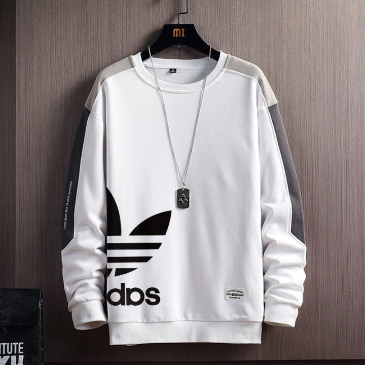 adidas-เสื้อกันหนาวคอกลมผู้ชาย-เสื้อกีฬาแขนยาวเสื้อโค้ทแฟชั่นสีขาวเรียบง่ายเข้ากับทุกชุด