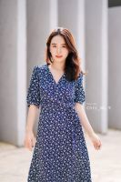 Chic No.9 - Sleeve Navy Bellflower Dress  เดรสทรงป้าย เดรสเที่ยวคาเฟ่ ?ปัดซ้ายที่รูปเพื่อดูขนาดสินค้า