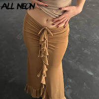 Alllneon Elegant แฟชั่นเอวต่ำ Ruffled จีบทรัมเป็ตกระโปรงยาวเซ็กซี่ Slit Bandage Bodycon กระโปรง Y2K ผู้หญิง Club Party