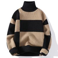 【YD】 Turtleneck Sweaters Men Clothing Sleeve Sweatshirt Knitted Neck Patchwork Design