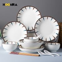 HOONRA ชามใส่อาหารในครัวชุดจานสำหรับอาหารมื้อค่ำ18ชิ้นเครื่องใช้สำหรับโต๊ะอาหารเซรามิก,ชามซุปผลไม้กระถางปลูกต้นไม้พร้อมจานรองเครื่องปั้นดินเผาสำหรับ6คน Menber YX