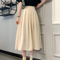 QOERLIN Casual Lace-up Women Pleated Mid-length Skirts 2021 Summer High Waist Female A-line Long Skirts Elegant Loose Skirts