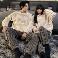 Couple Pullover Winter Thickened Flannel Pajamas Women Cute Cartoon Coral Velvet Mens Home Suit Warm Stripe Oversize Pajamas