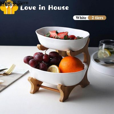 KENCG Store 2/3 Tiers Plastic Fruit Plates with Wood Holder Oval Serving Bowls for Party Food Server Display Stand Fruit Candy Shelves