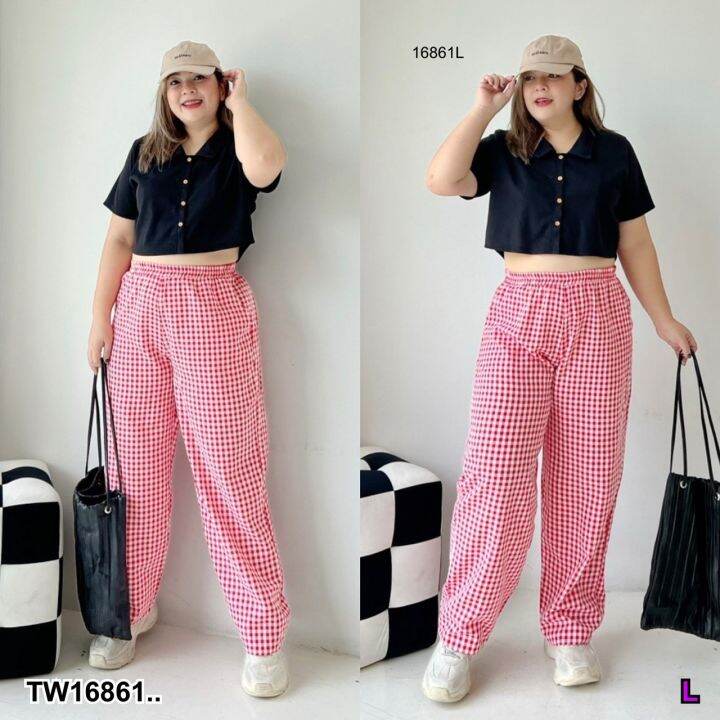 tw16861-เซท-2-ชิ้น-bigsize-เสื้อปกเชิ้ทครอป-กางเกงขายาว
