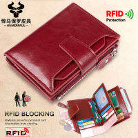 แฟชั่นผู้หญิง Cowhide กระเป๋าใส่เงินหนังแท้ RFID ปิดกั้นมัลติฟังก์ชั่สั้นซิปความจุมากคลิปเงิน Dompet Koin