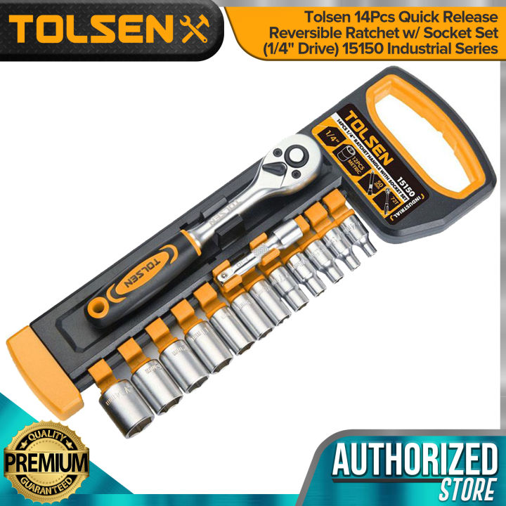 Tolsen 14pcs Quick Release Reversible Ratchet W Socket Set 14 Drive 15150 Industrial Series