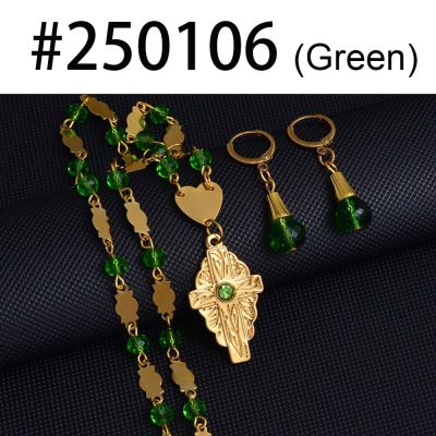 Anniyo Hawaiian Jewelry sets Cross Pendant Necklaces Earrings Colored Crystal Bead Ball Chains Guam Micronesia Chuuk #250106