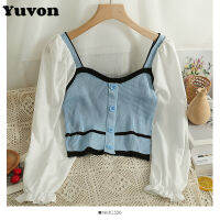 Yuvon เสื้อเชิ้ตผู้หญิงสำหรับแขนยาวสองชิ้นคอสี่เหลี่ยมสีตัดกันใหม่