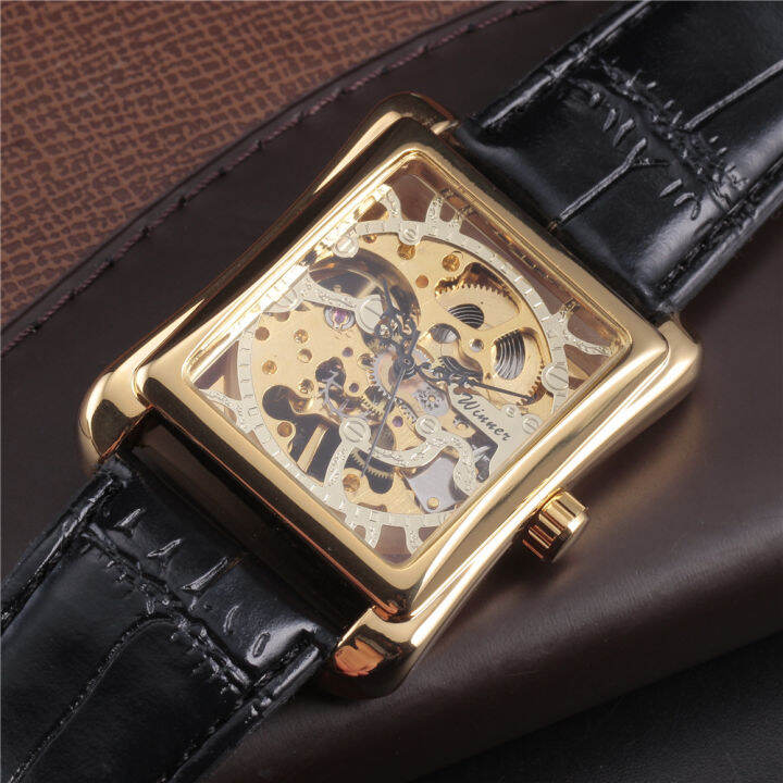 Winner Men's Square Manual Mechanical Watch Non waterproof Leather