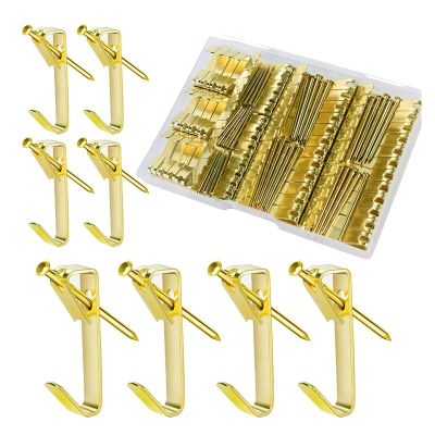 60 Sets Picture Hangers, Picture Wall Hooks and Nails Hanging Kits - 30 Sets 50LBS+30 Sets 30LBS Heavy Duty Durable Metal , Gold