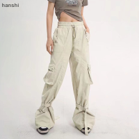 hanshi [2023 new HOT FASHION] lazlook Y2k กางเกงยีนส์สีน้ำตาล Flare ผู้หญิง VINTAGE 90s เอวต่ำตรงกระเป๋าใหญ่ Cargo pants กางเกงกางเกงกางเกง baggy fairycore