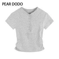 PEAR DODO เสื้อยืดคอตั้งยืนขนาดเล็กสำหรับผู้หญิงสไตล์สั้นแขนเกาหลี