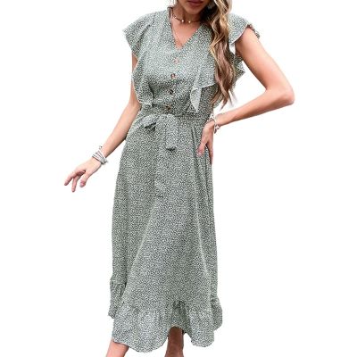 Vintage Casual Midi Dress ผู้หญิงจีบ Hem Ins Boho ดอกไม้พิมพ์ Slim Fitting ชุด Ruffle สำหรับฤดูร้อนทุกวัน Wear
