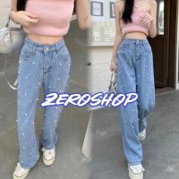 Zero shop?พร้อมส่ง? (Zero-168)  กางเกงยีนส์ ขายาวเอวสูง ดีเทลติดมุกด้านหน้า มี4ไซส์  -NZ