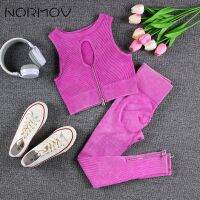 【YD】 NORMOV Ribbed Sets 1/2 Shirts Waist Leggings Shorts Workout