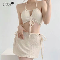 2023 New Strap Split Bikini Cover Up Swimwear Womens Three Piece Skirt Style Lace Up Conservative Beach Hot Spring Swimwear