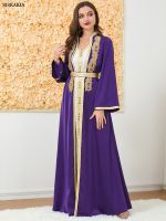 Abaya Woman Dubai Luxury Floral Appliques Cardigan Gown And V-Neck Lace Tape Vest Dress ชุดมุสลิม Belted Kaftan