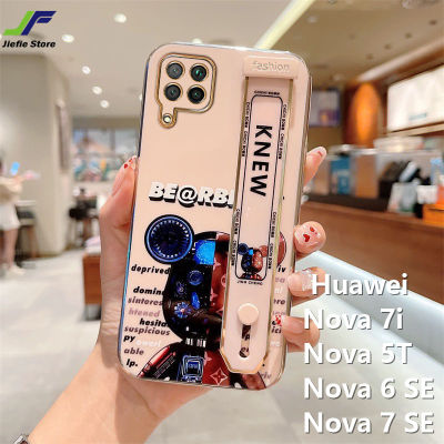 JieFie เคสโทรศัพท์ลายการ์ตูนหมีน่ารัก,เคสโทรศัพท์สำหรับ Huawei Nova 7i / Nova 5T / Nova 6 SE / Nova 7 SE สายรัดข้อมือแฟชั่นปลอกหรูหราชุบโครเมี่ยมใหม่หมีหยาบฝาครอบโทรศัพท์ TPU นิ่ม