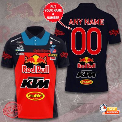 2023 NEW STYLE-个性化 Red Bull KTM Racing Motorex Excel AOP Polo 衫 - 黑色红色(FREE CUSTOM NAME LOGO)