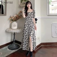 Short Sleeve Dresses Women Tender Stylish Summer Retro Romantic Ulzzang Street Style Holiday Print Side-Split Design Vestidos