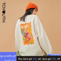 Toyouth Women Sweatshirts 2021 Winter O Neck Loose Hoodies Slit Back Graffiti Smiley Print Cotton Lined Casual Chic Pullovers