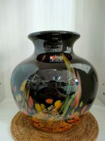 แจกัน Vase Kurata Craft Glass แจกันแก้วใส แก้วเป่า แจกันทรงโอ่ง สีดำตัดลวดลายด้วยสีส้มเหลือง