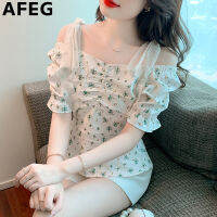 AFEG S New Korean Version Of The Word-Neck Short Fashion Slim Fit All-Match Printed Chiffon Short-Sleeved Blouse For Women