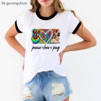 เสื้อยืดลายกราฟฟิก Peace Love Pug สำหรับเด็กผู้หญิง,เสื้อยืดพิมพ์ลายลายเสือดาวเสื้อยืดสุนัขชิสุ/เบอร์เนส/ไพรีนสเสื้อคู่รักสุนัข