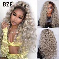 180 Density Ash Blonde Lace Front Synthetic Wigs Deep Wave Curly Wig For Women Cosplay Blonde Wig Glueless Heat Resistant Wig