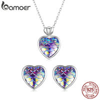 Bamoer Fish Scale Heart Necklace &amp; Cat Ear Studs Authentic 925 Sterling Silver Heart Stud Earrings Female Gift Fine Jewelry Set