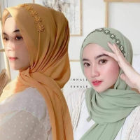 175X72cm แฟชั่นสีธรรมดา Tudung ผ้าคลุมไหล่สำหรับสตรีมุสลิมผ้าพันคอชีฟองลายฟองอากาศผ้าคลุมศีรษะไข่มุกปักดอกไม้ตกแต่ง