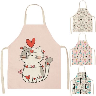 Kitchen Apron Cartoon Cute Cat Printed Sleeveless Cotton Linen Aprons for Men Women Home Cleaning Tools