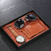 Brown Male Watch Set Card Case Sunglass Gift Sets Quartz Roman Digital Dial Leather Strap Credit Wallet Practical Men Present