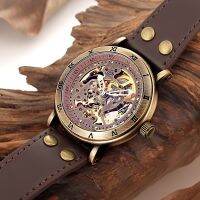 ZZOOI SHENHUA Mens Watches Retro Bronze Skeleton Steampunk Male Clock Automatic Casual Military Copper Wristwatch Relogio Masculino